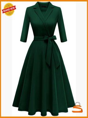 Fit and Flare 3/4 Sleeve Vintage Tea Dress Cocktail Party Formal Church Dress
